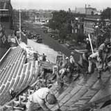 View down Waveland from Wrigley Field bleacher construction in 1937